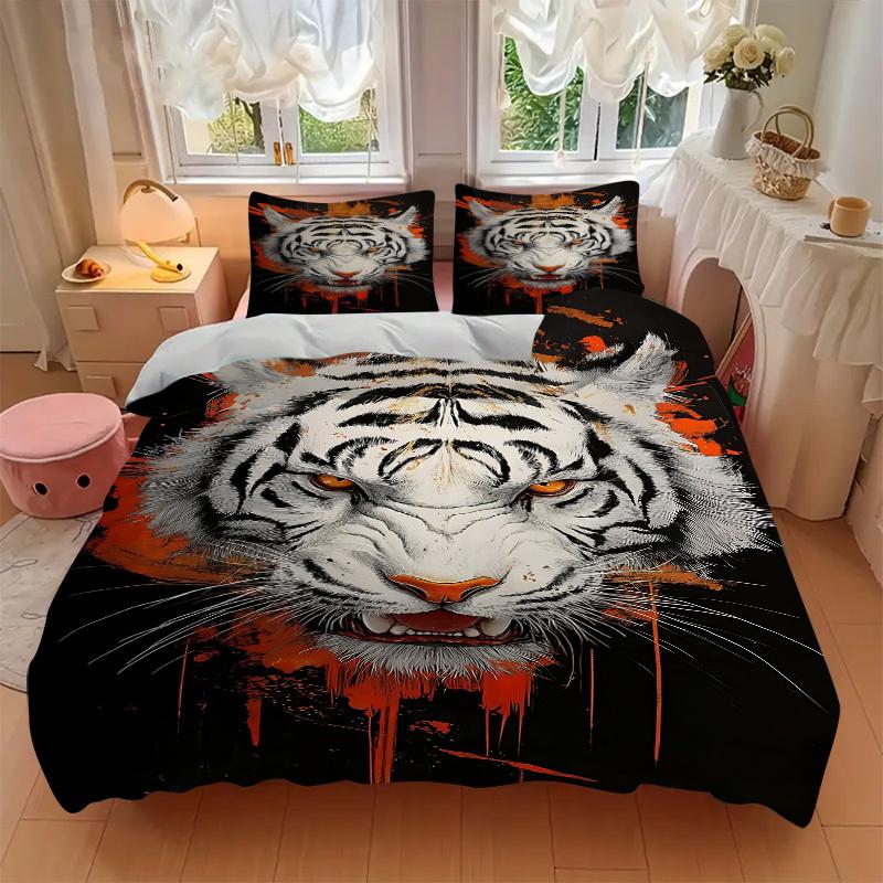 3PCs White Tiger Print Design Cover Set, Breathable Fabric, Machine Washable (1 Duvet Cover + 2 Pillowcases) (Without Quilt) yy250911080