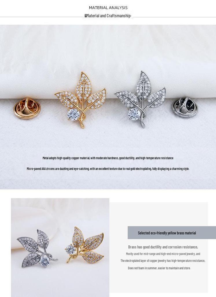 Elegant Unisex High-End Gold-Plated Leaf Brooch with Zircon