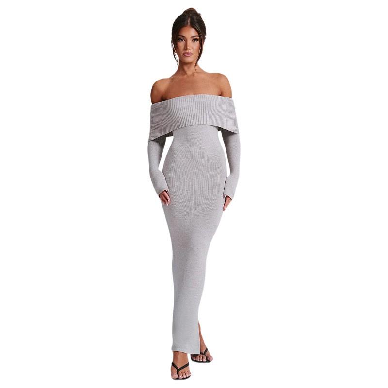 Womens Sexy Streetwear One-Shoulder Long Sleeve Knit Dress Slim Fit Midi To Maxi Length Solid Color