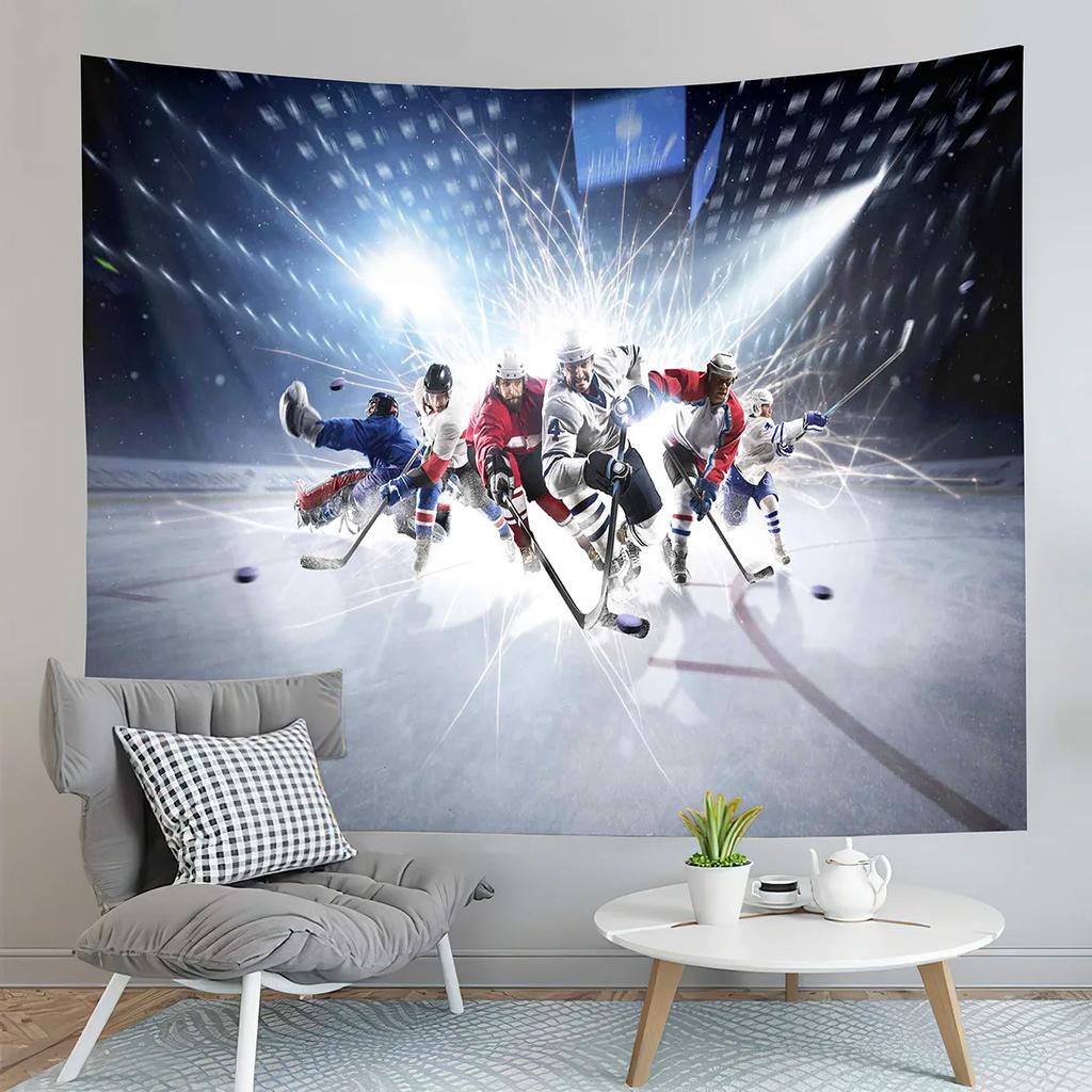 Ice Hockey Player and Puck Tapestry Modern Sport Illustration Tapestry Aesthetic Home Decor Tapestry for Living Room Bedroom