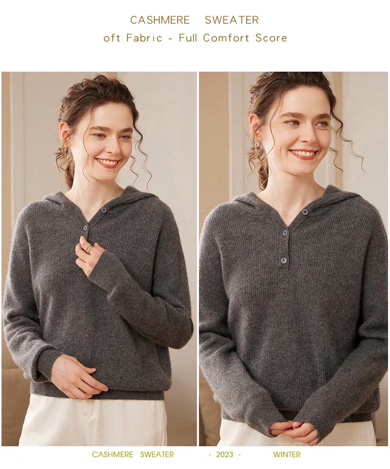 Women's 2024 Thickened Cashmere Half-Button Hoodie Sweater - Casual, Versatile Knit Outerwear