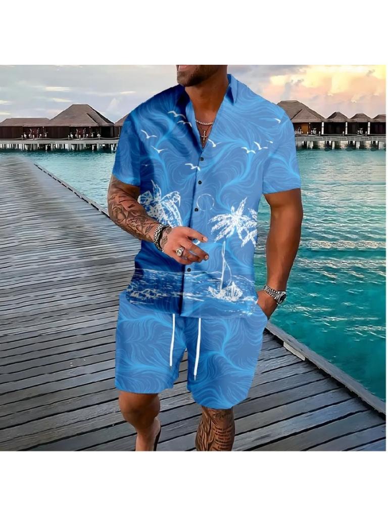 Fashionable Hawaiian Palm Tree 3D Print Men’s Set: Short-Sleeve Shirt and Loose Casual Beach Shorts