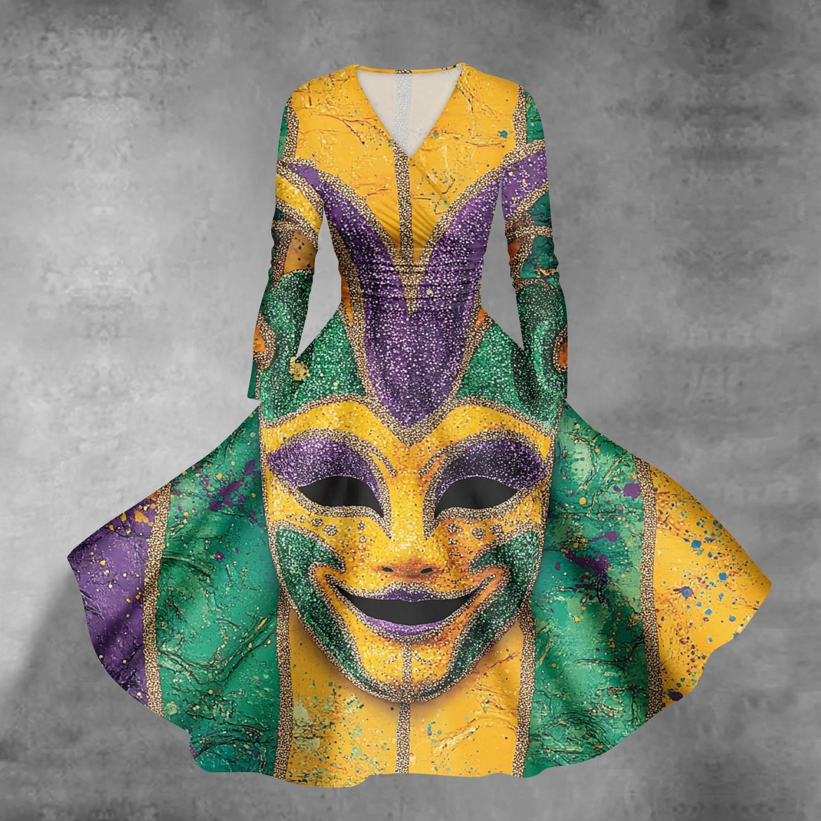 

Women s Casual Fashion Carnival Print Long Sleeve V-neck Sexy Pocket Dress XXXXXL золотий