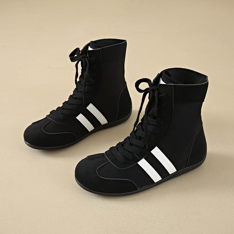 

High-top flat-bottomed boxing sneakers for women s 2025 new leather round head versatile casual shoes lace-up Martin boots tide 40 чёрный