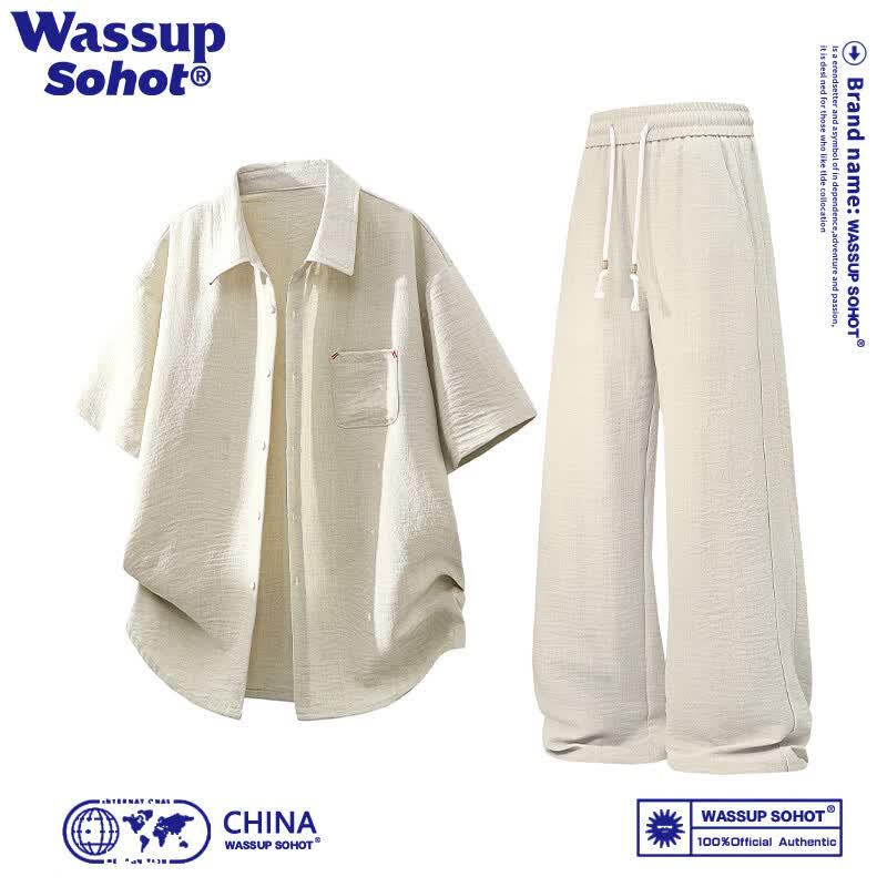 Wassup Sohot Men s Casual Short-Sleeve Shirt & Long Pants Set 5XL