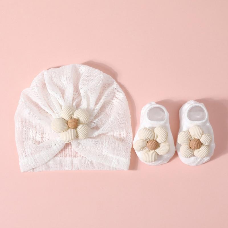 Elastic Infant Turban Hat Breathable Fetal Caps & Matching Socks Set Stylish Girls Clothing Accessories for Baby
