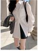 Women's Casual White Cotton Long-Sleeve Shirt - Korean Style, Medium-Length