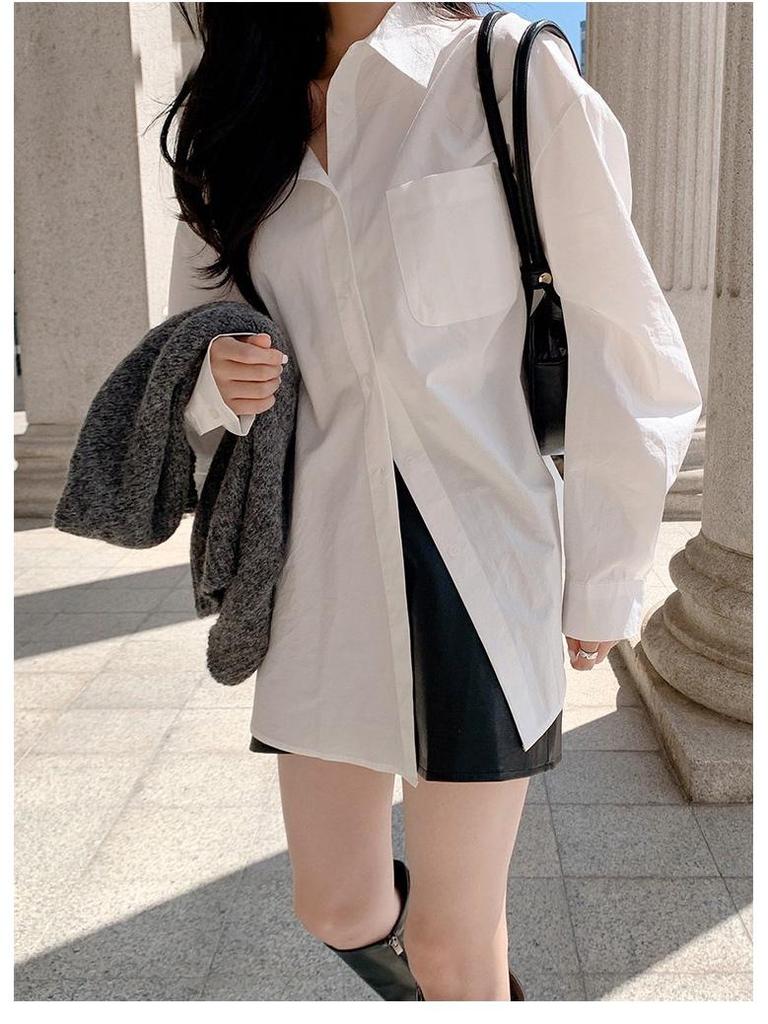 Women's Casual White Cotton Long-Sleeve Shirt - Korean Style, Medium-Length