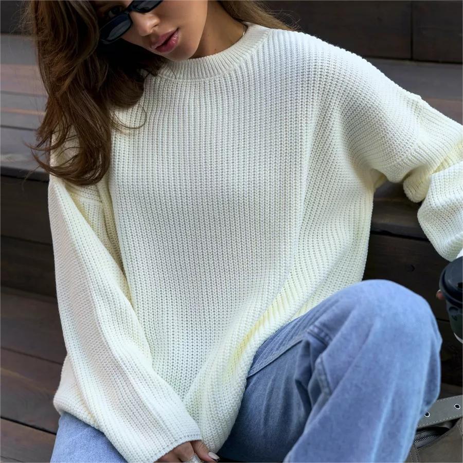 Women's Autumn and Winter Solid Colour Round Neck Loose Knitted Pullover Sweater
