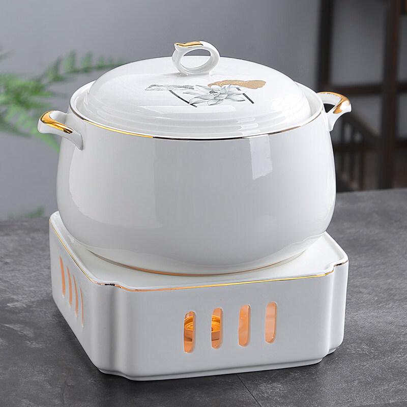 Jingbaodi Gilded Ceramic Soup Pot Warmer Set with Square Stove