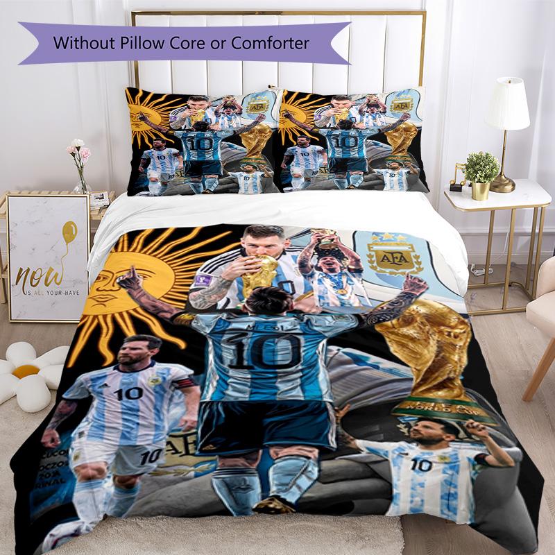 Messi World Cup Glory Bedding Set,Soft Bed Linen for Bedroom Home Decoration,Football Fan Gift,Breathable Duvet Cover with Pillowcases,Soccer Themed,P