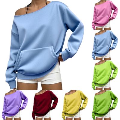 Sweatshirt décontracté pour femme, couleur, épaules dénudées, manches longues, coupe ample, avec poches