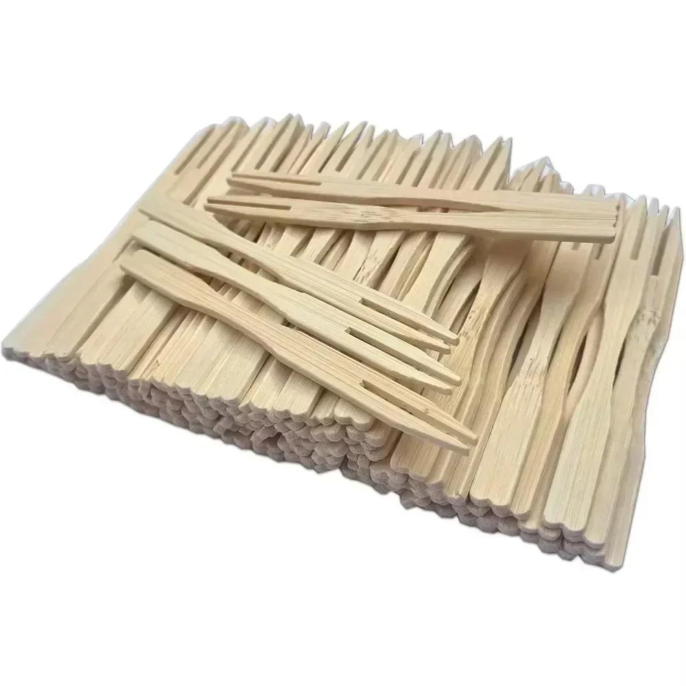 100PCS Pure Bamboo Disposable Wooden Fruit Fork Dessert Cocktail Fork Set Party Home Household Decor Tableware Supplies