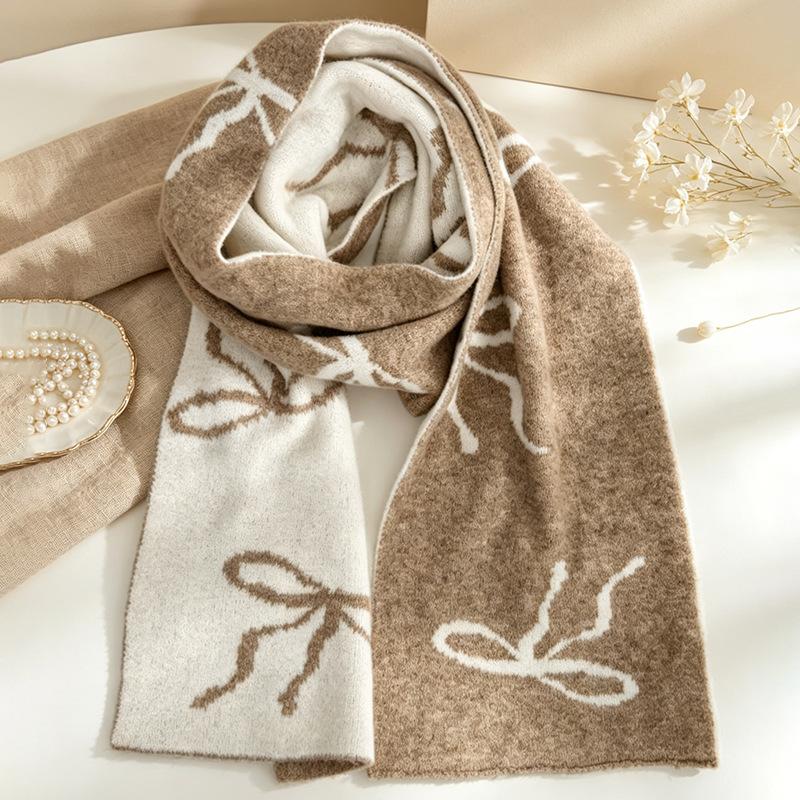 INS girly bow jacquard scarf wool blended double-sided contrasting scarf autumn and winter atmosphere temperament scarf