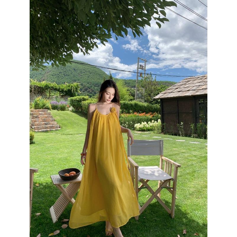 

High-end Yellow Neck Sling Dress Women s Summer Dopamine Bright Beautiful Seaside Vacation Beach Dress L жовтий