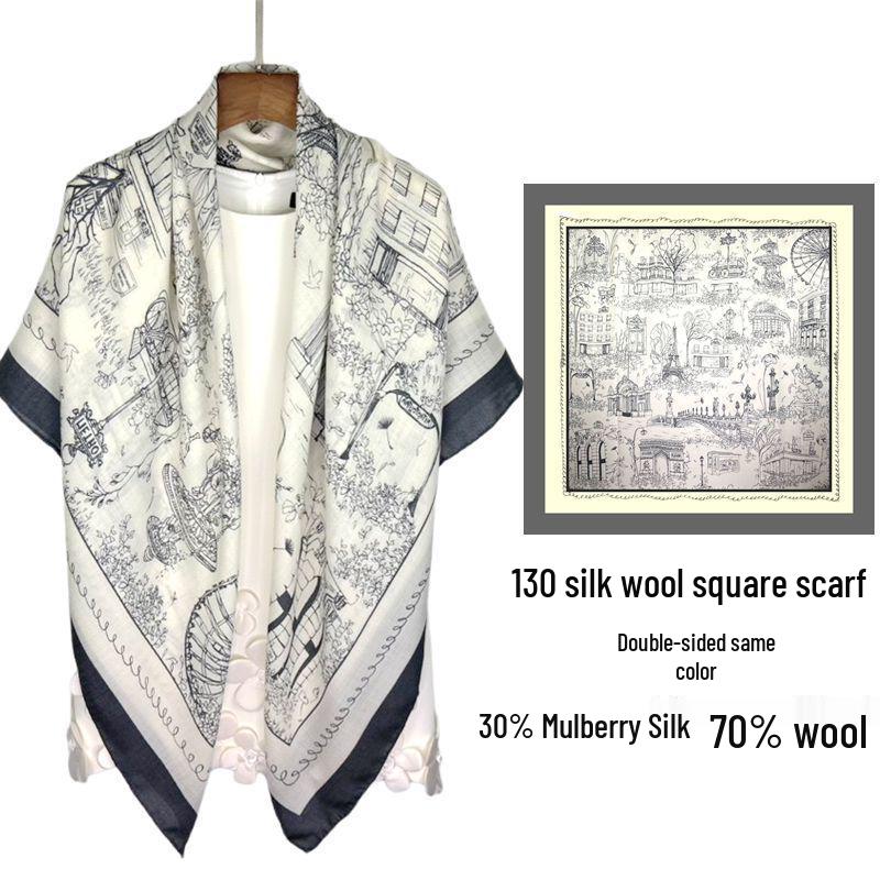 Двусторонняя зимняя шаль Цзинь Цзин: Большой шелковый и шерстяной квадратный платок