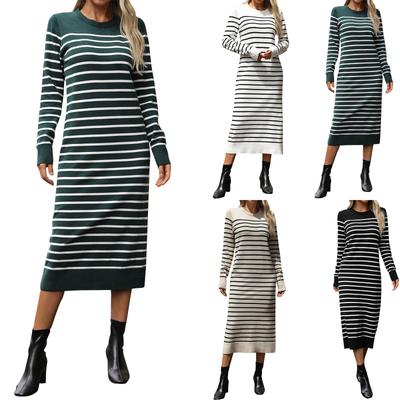 Ladies Fashion New Slim Fit Color Sweater Striped Long Skirt Fashionable Autumn And Winter Dress