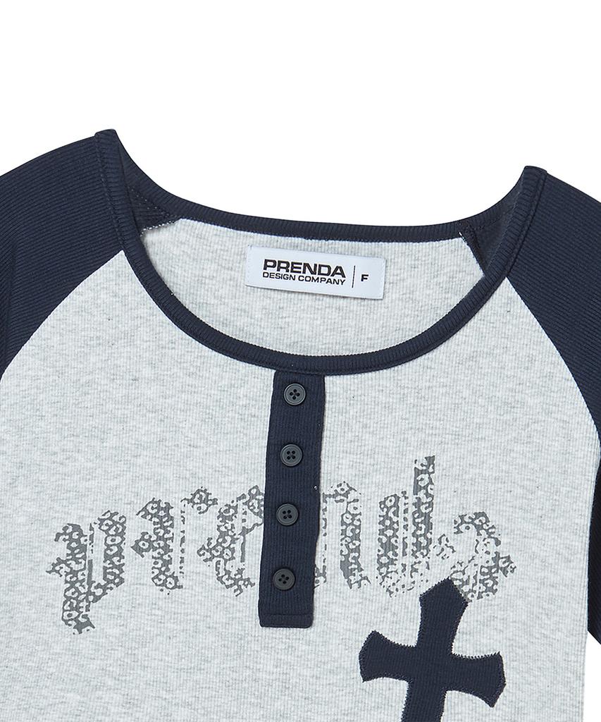 PRENDA Cross Applique Raglan Short Sleeve Gray