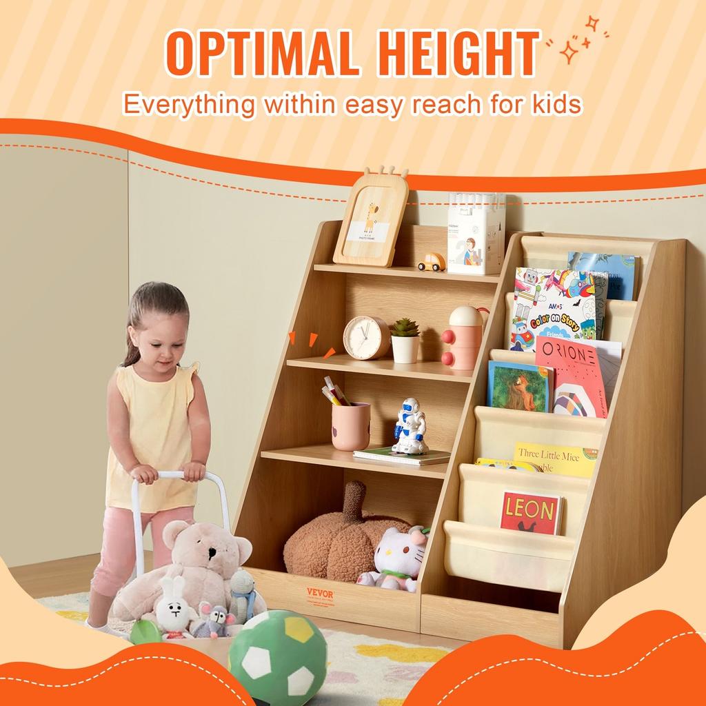 4-Tier Kids Wooden Bookshelf, Six-Layer Sling Bookcase, Baby Storage Book Rack, Book Toy Organizer Cabinet, for Kids Room, Playroom, Kindergarten,