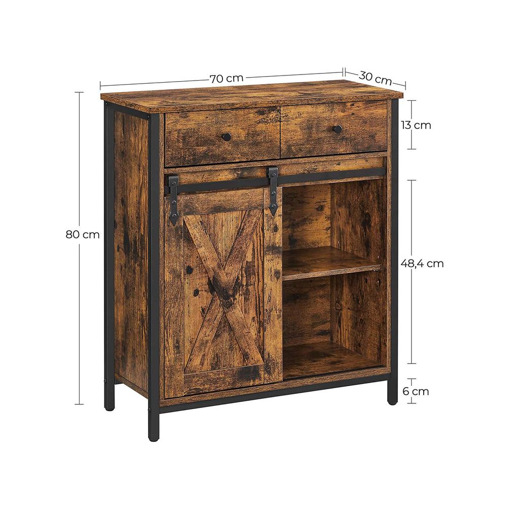 VASAGLE Armadio Contenitore, Credenza e Mobile TV, Mobile a Terra Autoportante con 1 Cassetto e Porta a Scomparsa Stile Rustico, Industriale, Marrone Rustico e Nero