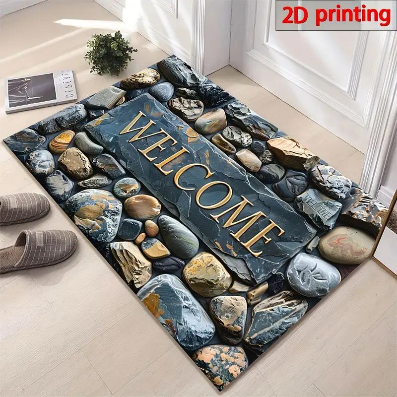 Covoraș de ușă 60*90CM 2D Design Pietriș Bun Venit - Covoraș Rectangular cu Grosime de 6mm, Anti-Alunecare, Covoraș Lavabil la Mașină, Potrivit pentru Intrare, Living, Baie