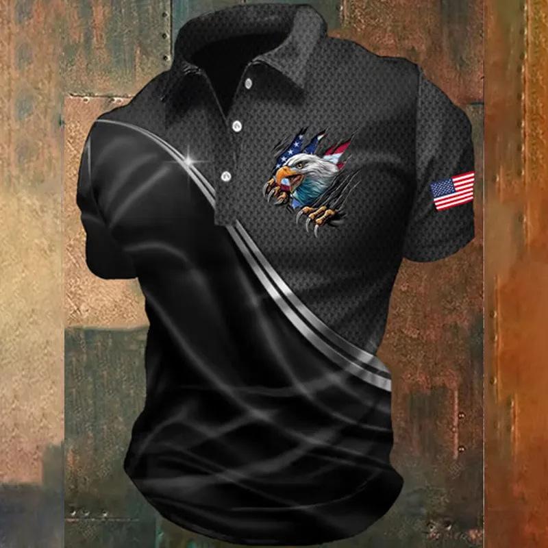 Patriotic Essential! Short Sleeve Polo, Flag & Cross Print, Casual Style