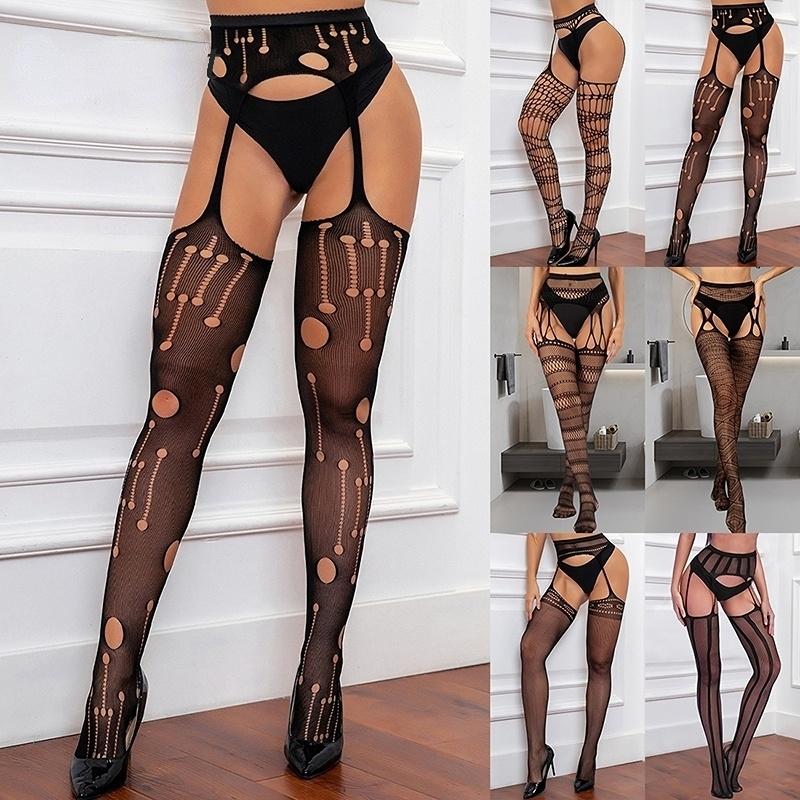 13styles Sexy Black Women Stockings With Belt Set High Fish Net Tights Erotic Lingerie Pantyhose Floral Long Mesh Lace Stocking