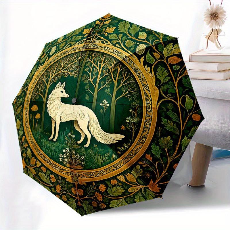 Verzauberter Wald Fuchs Wandkunst DekorationRegenschirm mit süßem Design, Tragbarer 3-fach kompakter Regenschirm für Männer & Frauen, Valentinstag Muttertag Halloween