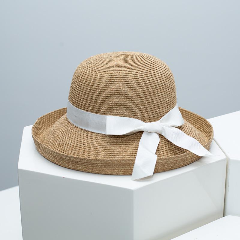 Cappello a secchiello in paglia con tesa arricciata stile Hepburn per donna, estivo, pieghevole, protezione UV, cappello da spiaggia, diretto dalla fabbrica