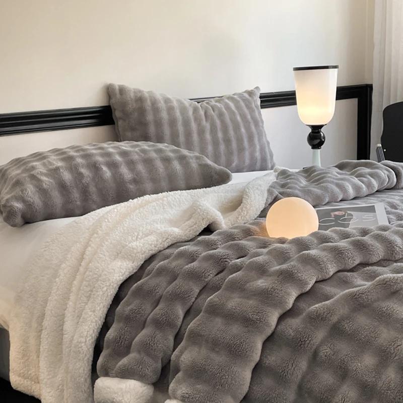 Furry Plush Warm Winter Double Layered Blanket Velvet Coral Fleece Flannel Soft Thick Bedspread for Bed Sofa Single Double Size