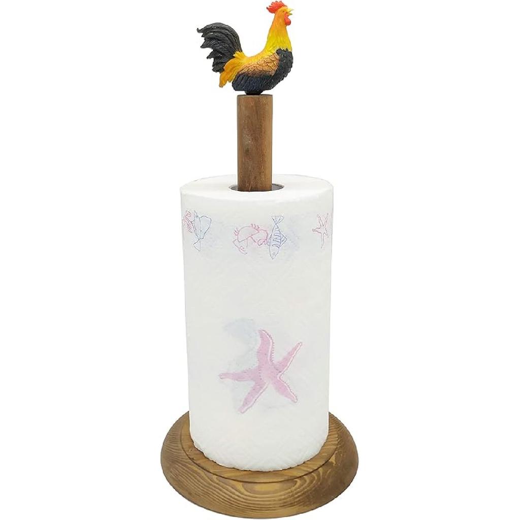 Rooster Design Rustic Brown Wood Paper Towel Holder Stand Up Paper Towel Holder, Easy One-Handed Tear Kitchen Paper Towel Dispenser with Weighted
