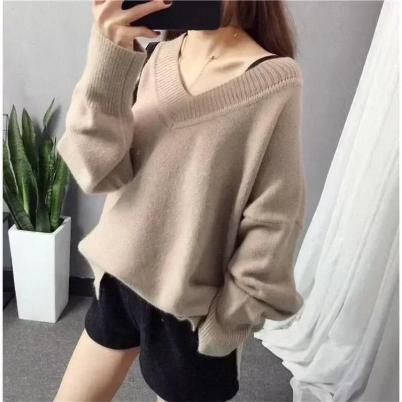 Autumn Vintage Fashion Long Sleeve Knitted Sweater Winter Bottoming Pullover Women Casual V-neck Tops Solid Color Clothes 29898