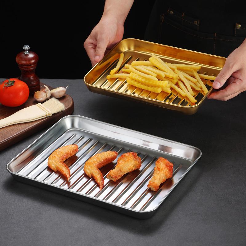 Korean Style Stainless Steel Gold BBQ & Grilling Plate - Versatile Rectangular Tray for Rice, Noodles, Steaming, and Snacks
