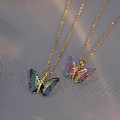 Micro Inlaid Zircon Gradient Rainbow Butterfly Fashion Simple and Personalized Temperament Titanium Steel Necklace For Women