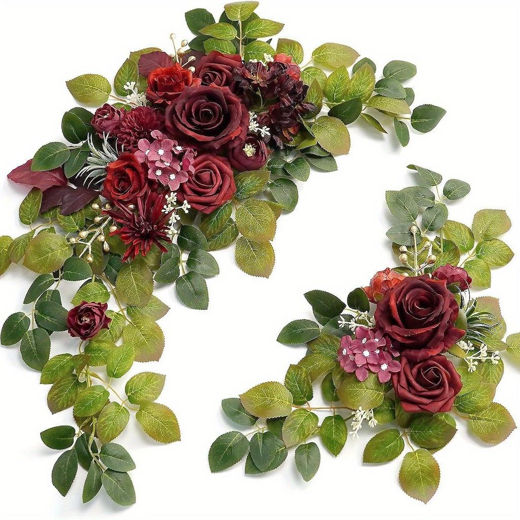 2Pcs Outdoor Wedding Simulation Rose Green Plant Welcome Corner Flower Decoration Set for Outdoor Patio Garden Home Wedding Holiday Party Decoration