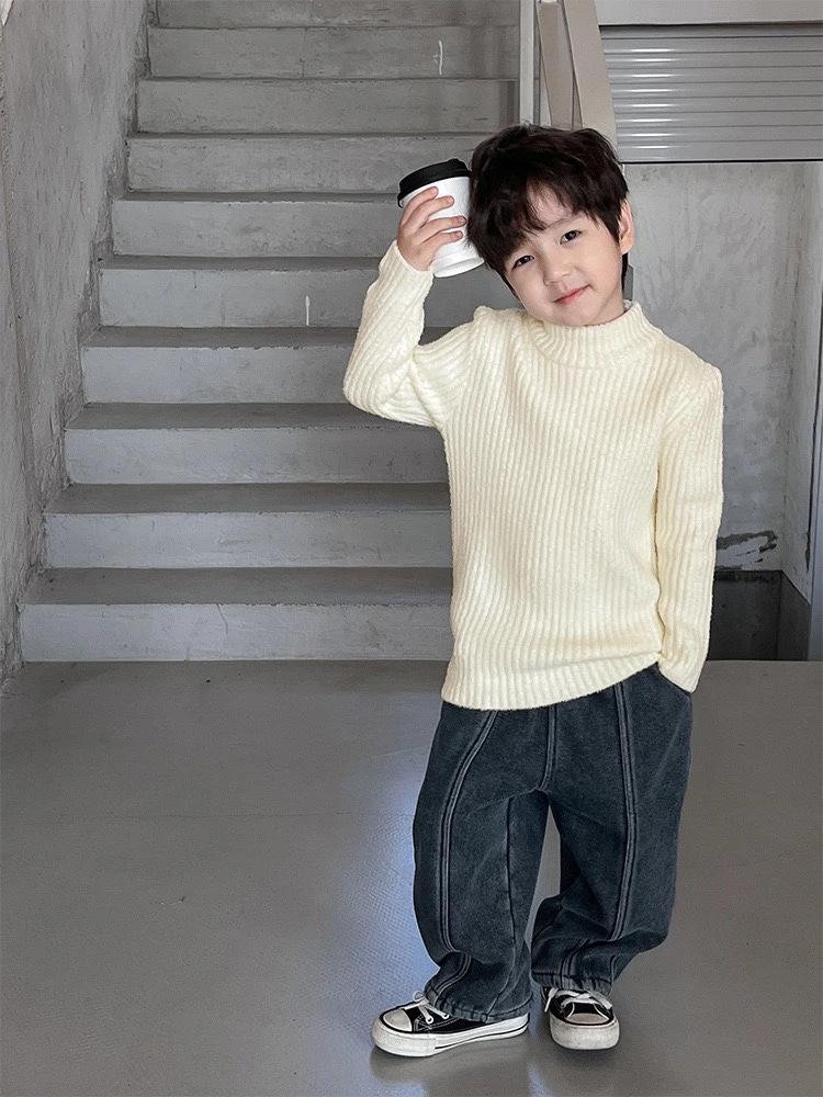 Boys Thick Fleece-Lined Half Turtleneck Solid Knit Base Layer Top for Winter 80