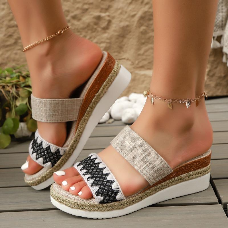 Damen Espadrille Keilsandalen mit offenem Zeh, dicker Sohle, geflochtenem Jute, Sommer Strand Slipper
