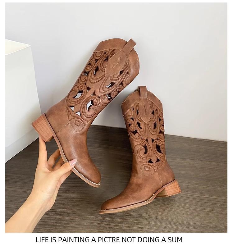

2025 Новые сапоги Вышивка Полые~ Ковбойские сапоги в западном стиле Женские Дышащие Сапоги-дезерты с V-образным вырезом Толстый каблук Ботинки Мартин 42 коричневый