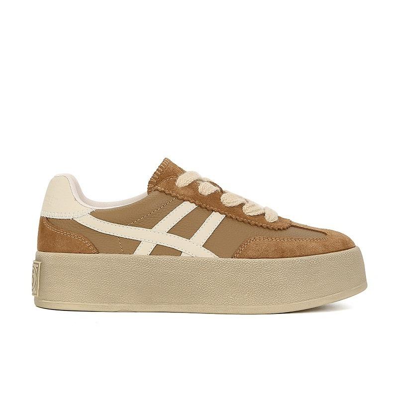Cowhide color matching platform spring new round head lace-up casual board shoes retro ah Gan shoes