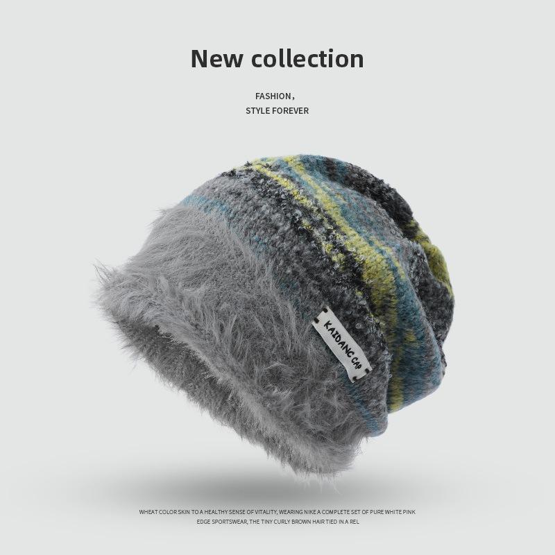 Maillard autumn and winter stripe mixed color plush knitted stacking hat bag head warm fashion versatile ear protection wool hat