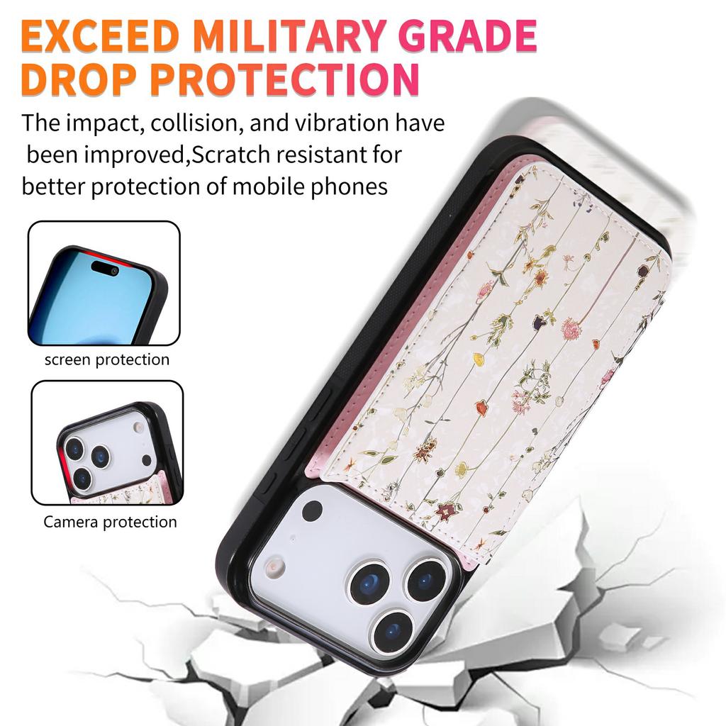 For iPhone 17 Pro Max Case Flower Leather TPU RFID Blocking Phone Cover Card Slots