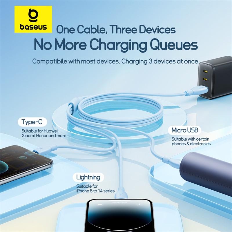 Baseus Ultra-Fast 3-in-1 Fast Charging Cable USB-A To M+L+C 3.5A 1.3m One-for-Three Charging Cord for Multiple Devices