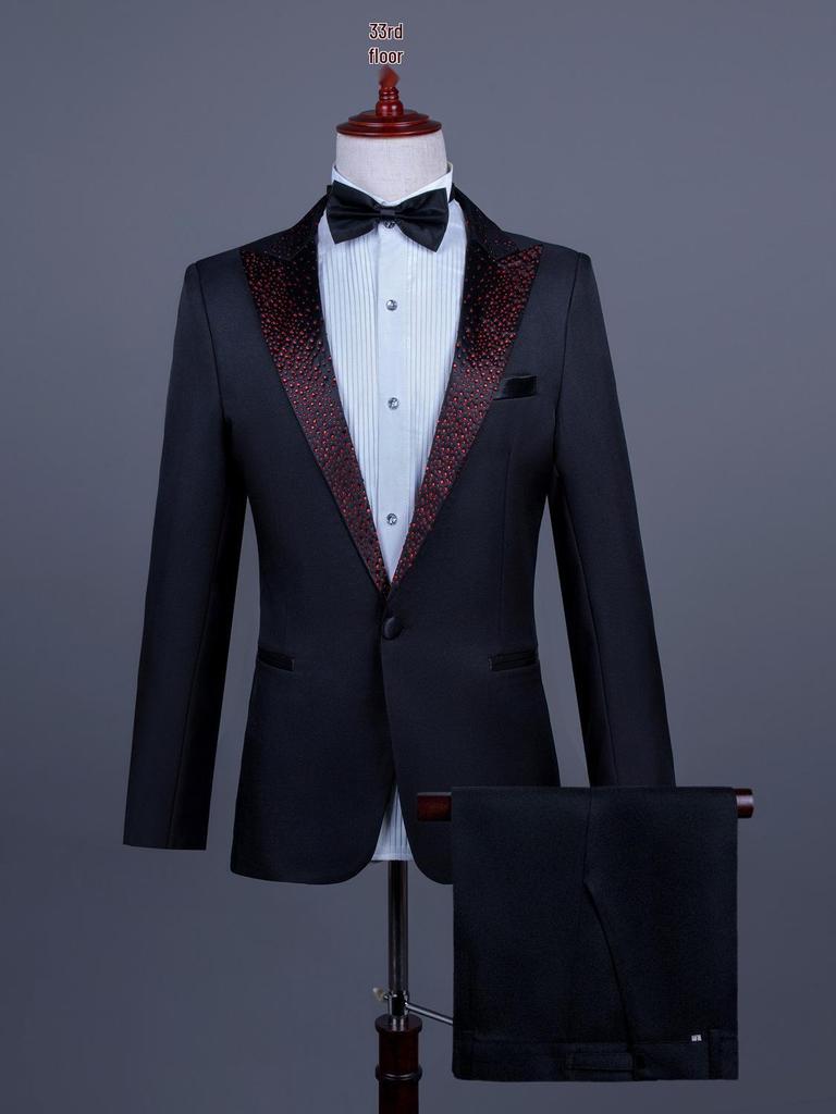 Men's Single-Breasted Rhinestone Suit Set for Banquet and Performance