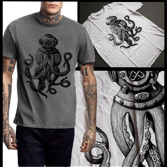 Goth Steampunk Octopus Deep Water Diving Mask Science Vintage fantasy T-Shirt 2XL