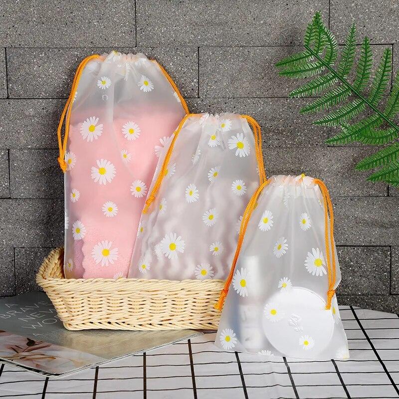 5pcs Waterproof Daisy Storage Bag with Drawcord Cuffs  Large Capacity Clothes Shoes Organizer Portable Towel Makeup Toiletry Bags