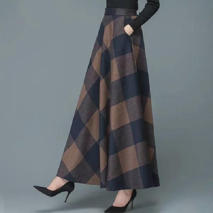 Jupe trapèze en laine à carreaux pour femme - Mi-longue, grandes tailles pour l'automne et l'hiver