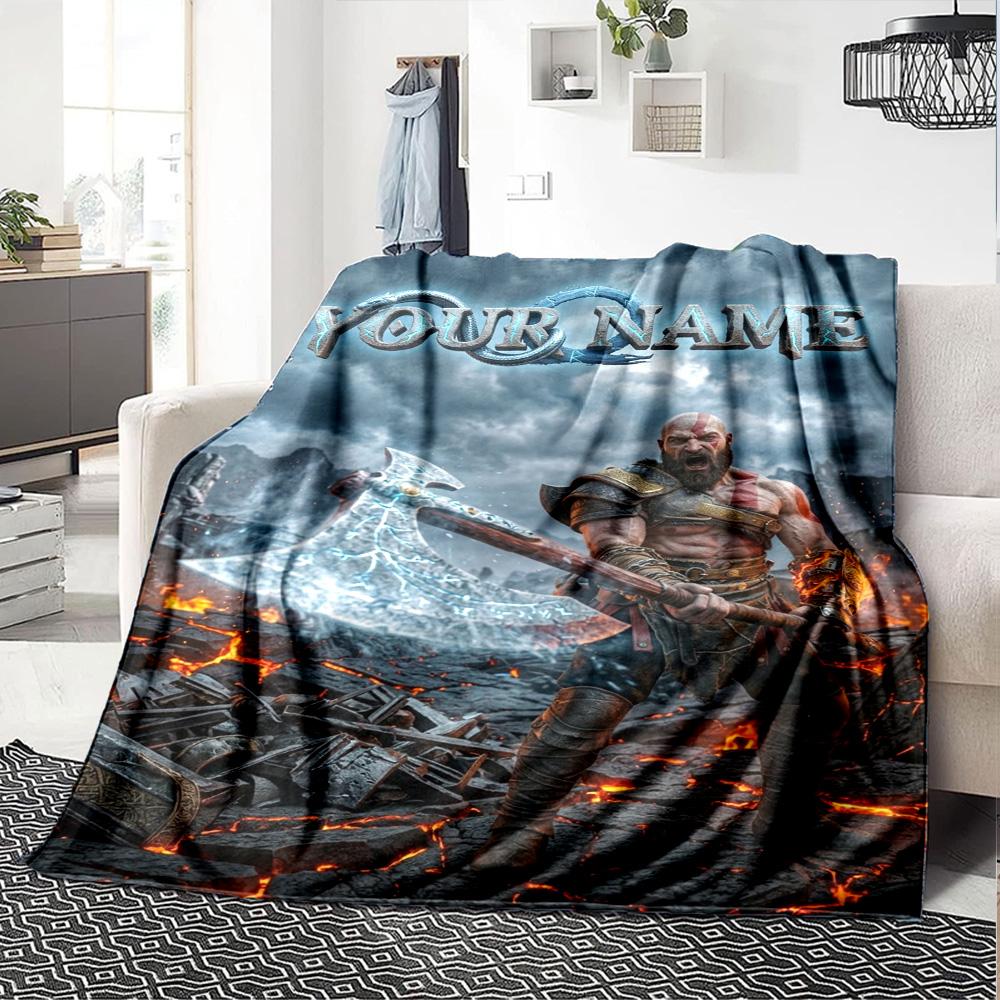 Name Custom Kratos God of War Print Flannel Blanket High Quality Warm Comfortable Cover for All Seasons Perfect for Gifts Home Decor