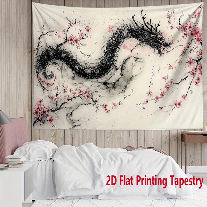 Ink-wash dragon and cherry blossom pattern tapestry, machine washable polyester, suitable for bedroom and living room decoration 100X70CM
