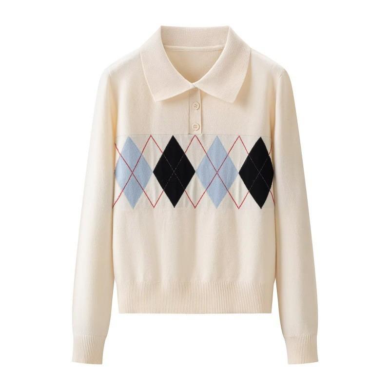 2026 Womens Casual Polo Collar Long Sleeve Knit Top With Plaid Lightweight Comfortable