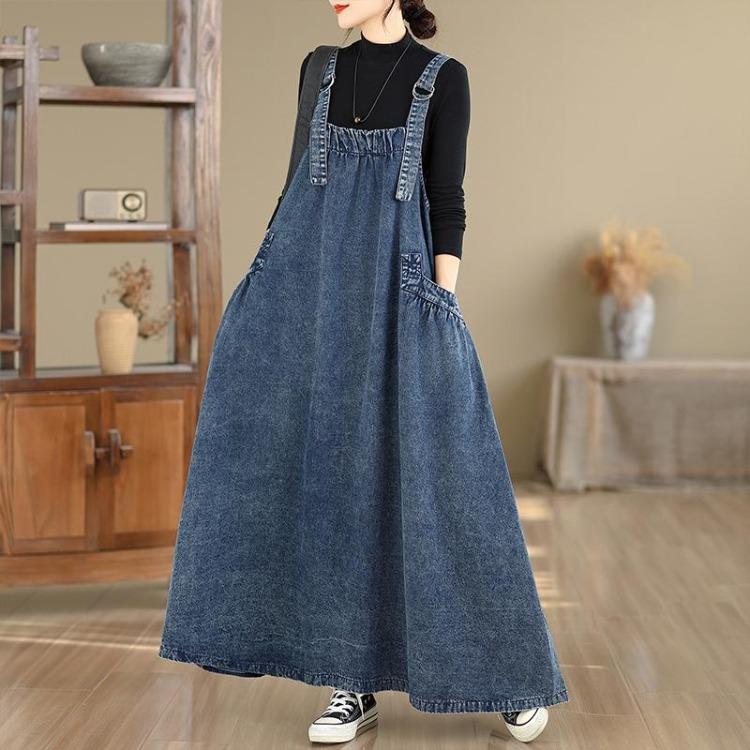 Vintage Denim Maxi Dress Women Plus Size Loose Casual Basic Sleeveless Long Dress Cotton